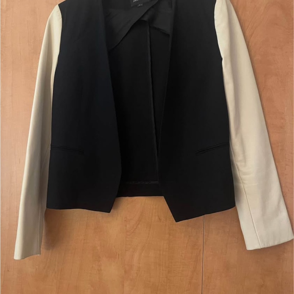 Judith and Charles blazer with leather sleeves
